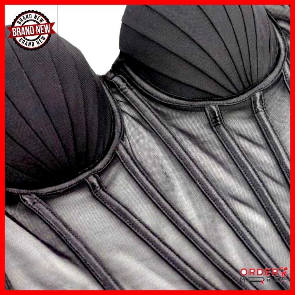Sheer Mesh Corset Top with Pleated Cups Underwire Bustier Adjustable Straps - Picture 7 of 7